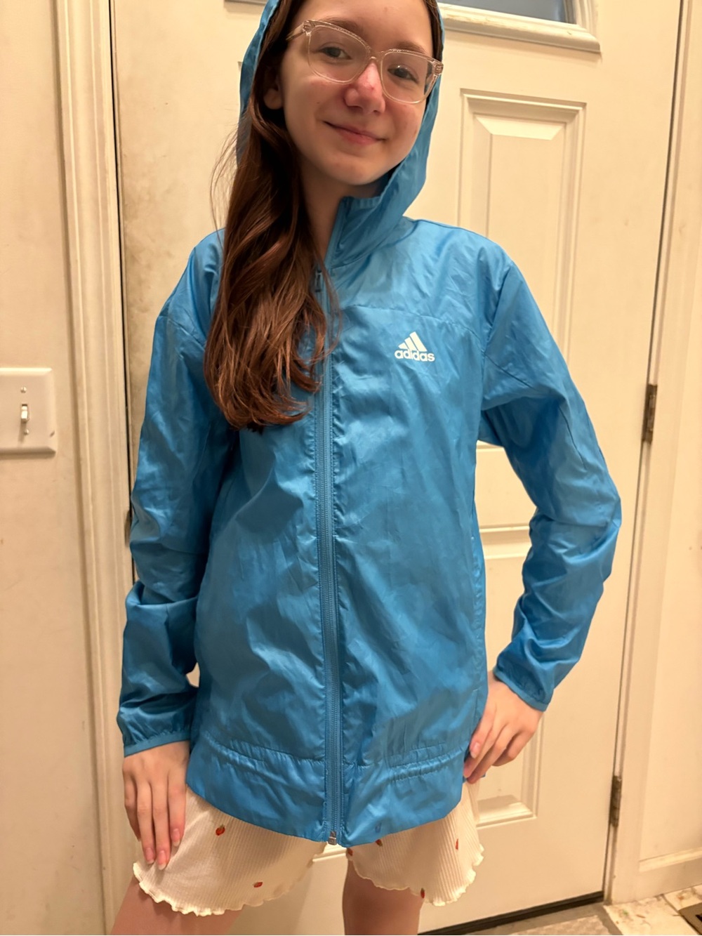 adidas Girls' Light Blue Hooded Rain Jacket